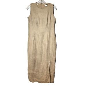 Breeches Natural Linen Maxi Sheath Dress‎ Rear Zip Front Slit USA Size 6 Neutral